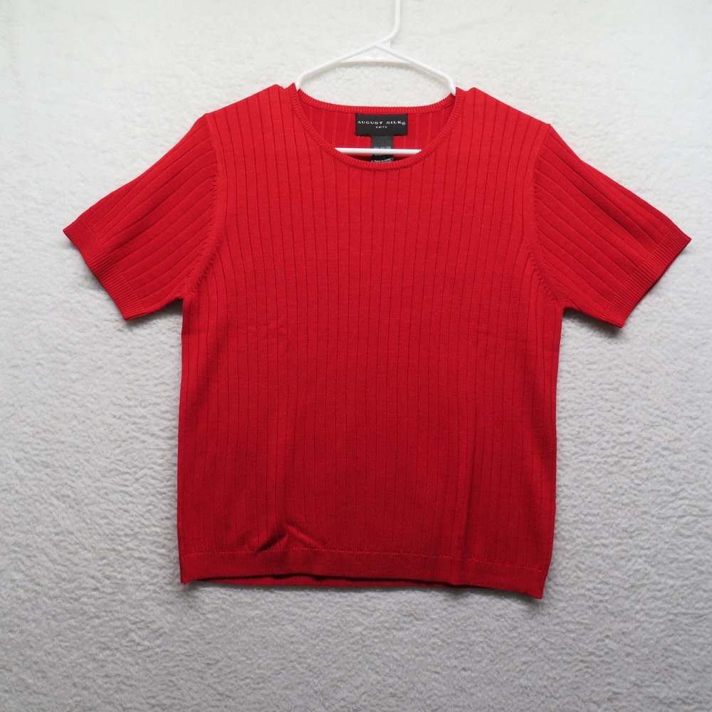 August Silk Knits Red Ribbed Short Sleeve Sweater Top 100% Silk Womens Size M
